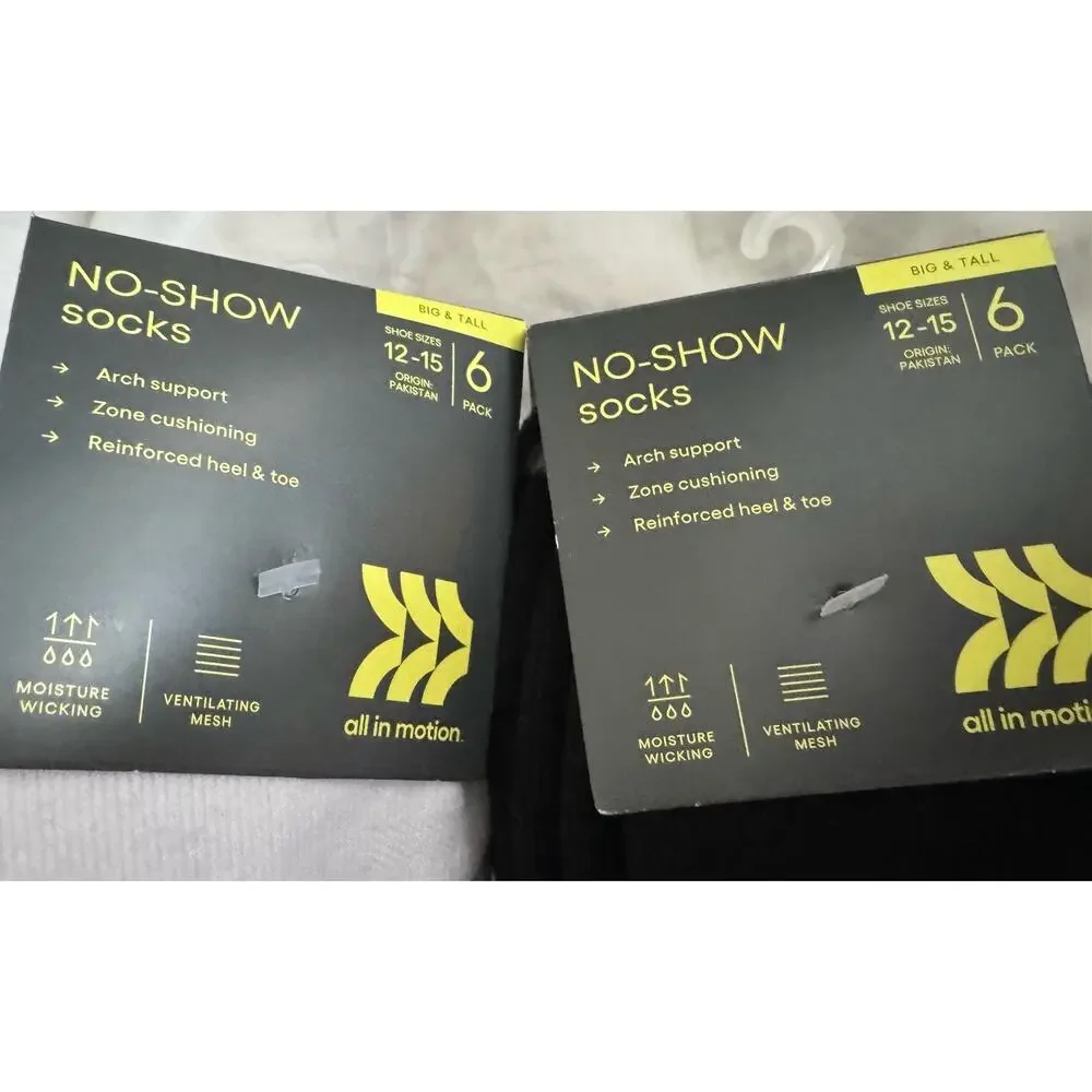 2 Pack All In Motion No Show Socks Mens 12-15 Black White 6 Pair Big & Tal - Picture 3 of 5